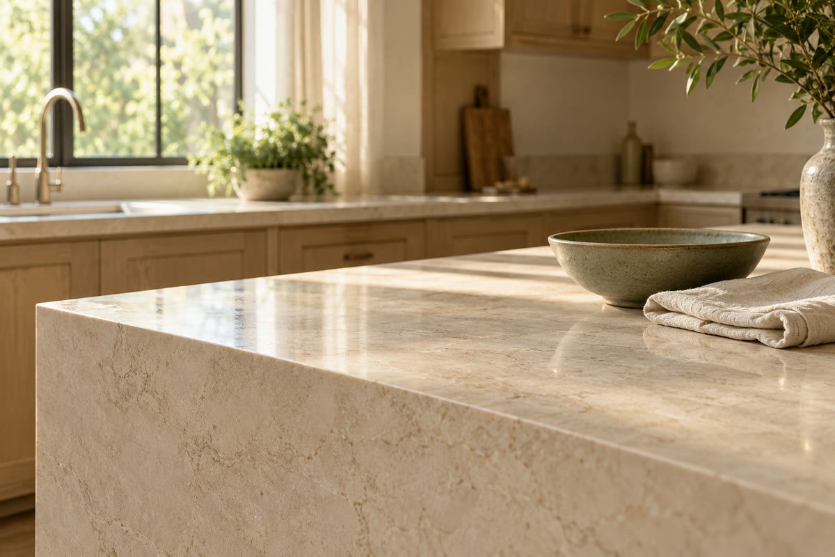 A spotless natural stone kitchen island with a folded linen cloth.