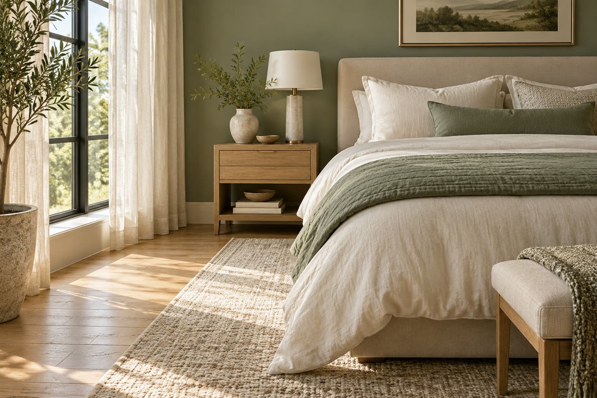 A peaceful bedroom with neatly made ivory bedding and a sage coverlet.