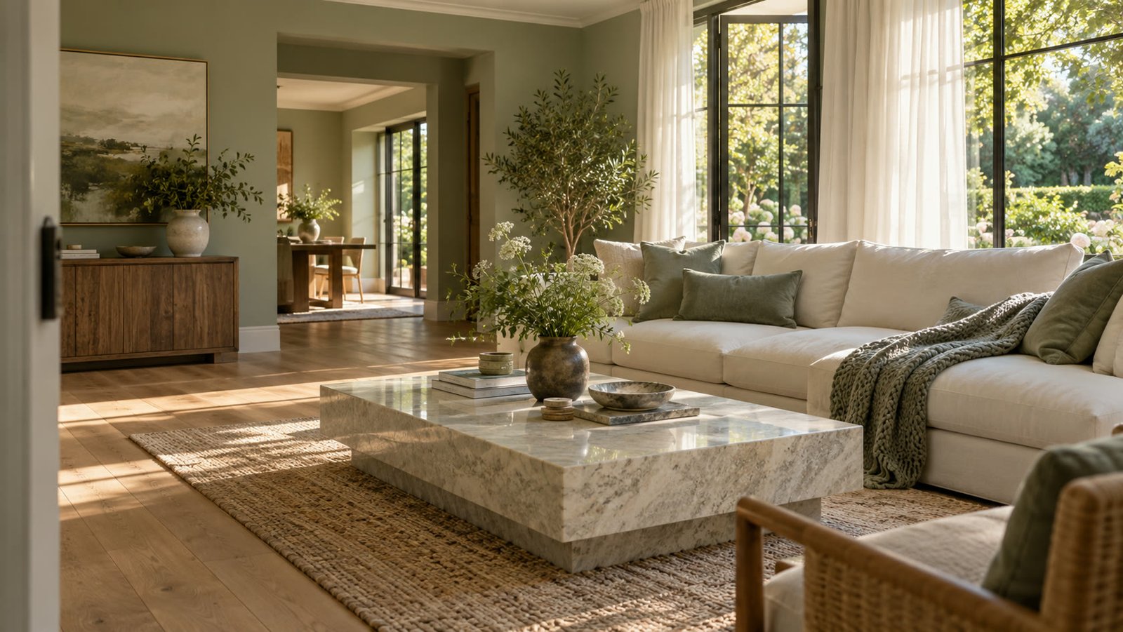 Freshly arranged living room with natural light and soft linen furnishings.